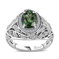 Premium Natural Green Apatite, White Zircon Ring in Rhodium Over Sterling Silver (Size 6.0) 2.50 ctw