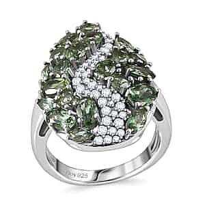 Premium Natural Green Apatite and White Zircon Ring in Rhodium Over Sterling Silver 4.30 ctw
