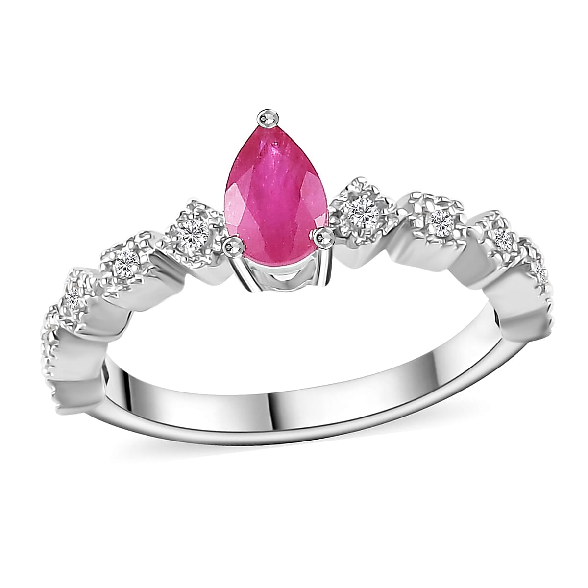 Montepuez Ruby, White Zircon Ring in Rhodium Over Sterling Silver (Size 5.0) 0.65 ctw