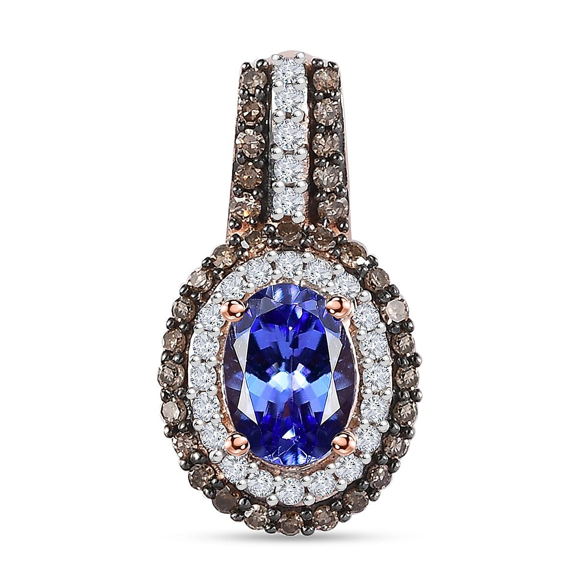 AAA Tanzanite, Natural Champagne and White Diamond Double Halo Pendant in 18K Vermeil Rose Gold Over Sterling Silver 1.40 ctw