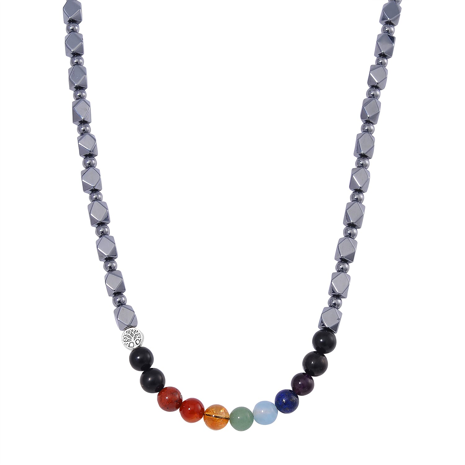 Seven Chakra 10mm Terahertz Fancy-Shaped Beaded Necklace with 2pcs Shungite Bead 260.00 ctw in Rhodium Over Sterling Silver and Silvertone 20 Inches