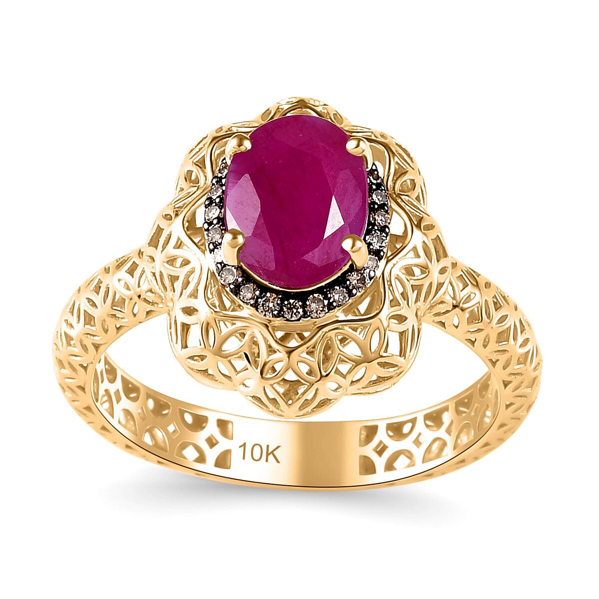Mirage Collection 10K Yellow Gold Premim Taveta Ruby and Natural Champagne Diamond Ring 1.75 ctw