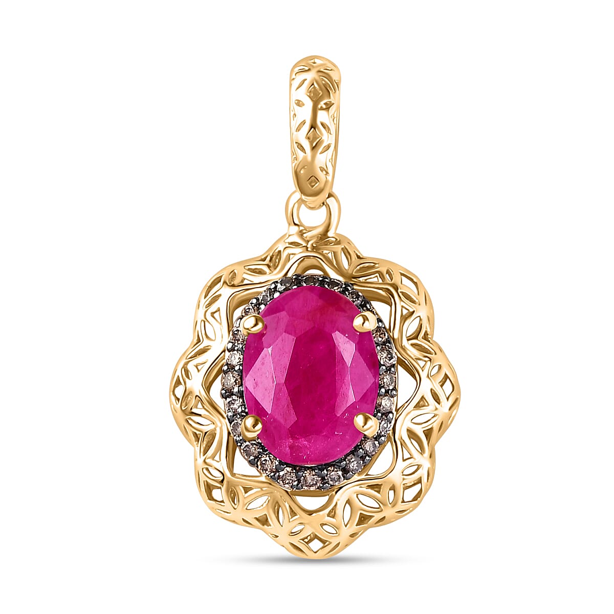 Mirage Collection 10K Yellow Gold Premium Montepuez Ruby and I2 Natural Champagne Diamond Pendant without Chain 1.75 ctw