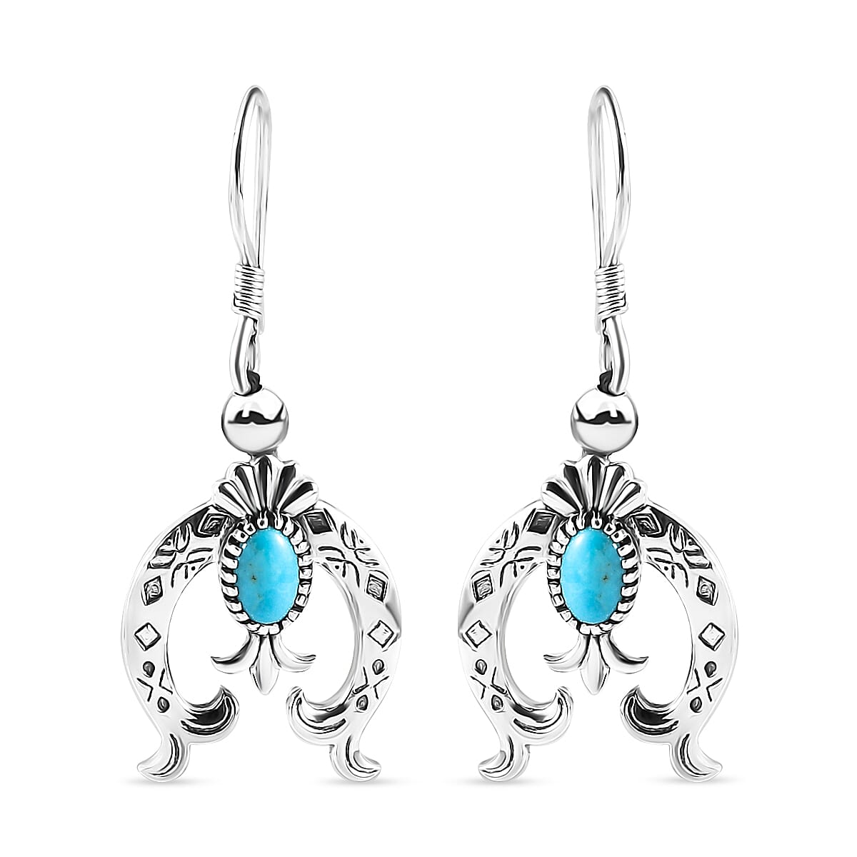 Artisan Crafted Sleeping Beauty Turquoise Squash Blossom Earrings in Black Oxidized Sterling Silver 1.00 ctw