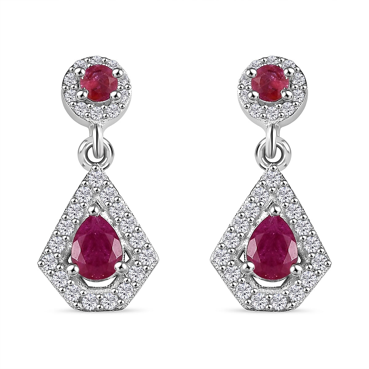 Montepuez Ruby and White Zircon Dangling Earrings in Rhodium Over Sterling Silver 0.90 ctw