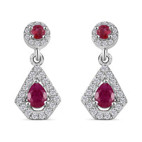 Montepuez Ruby and White Zircon Dangling Earrings in Rhodium Over Sterling Silver 0.90 ctw