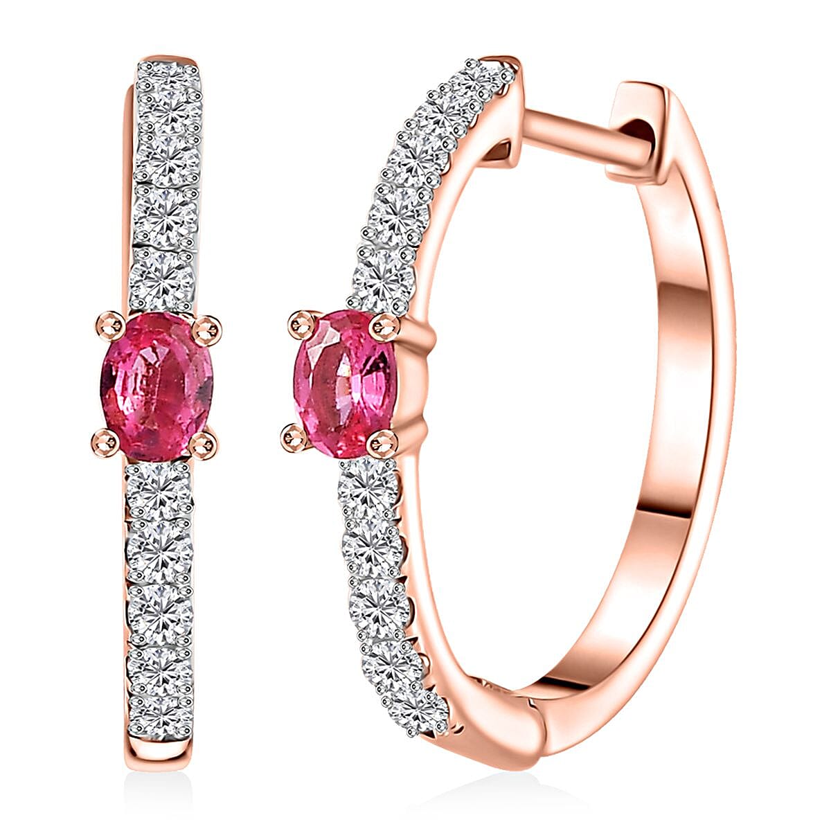 D'Joy Premium Mahenge Spinel and Moissanite 0.85 ctw Modern Glamour Hoop Earrings in 18K Vermeil Rose Gold Over Sterling Silver