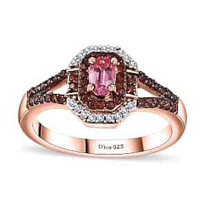 Premium Mahenge Spinel, Brown and White Zircon Split Shank Ring in 18K Vermeil RG Over Sterling Silver (Size 8.0) 0.65 ctw