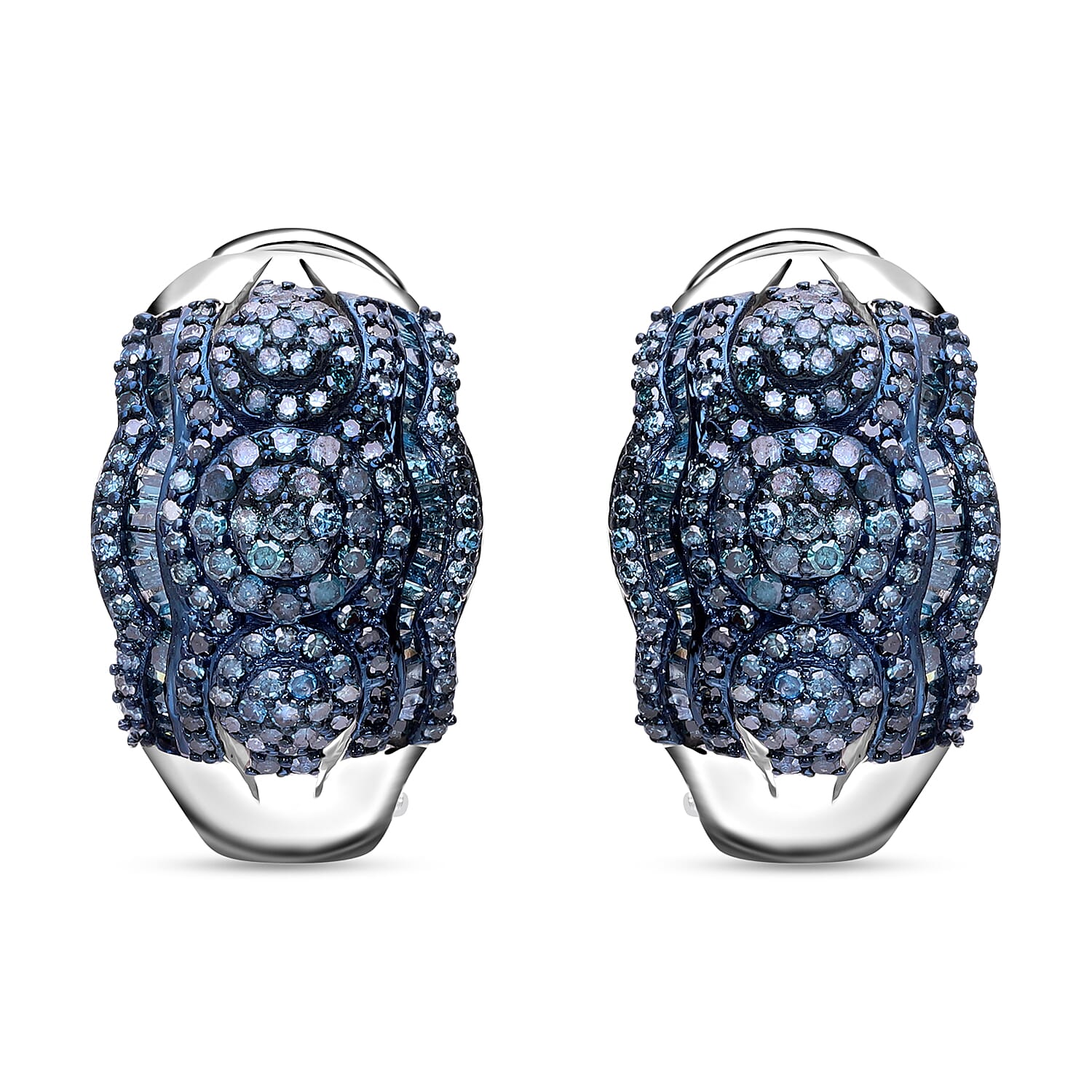 Blue Diamond (IR) Omega Clip Earrings in Platinum Over Sterling Silver 1.50 ctw