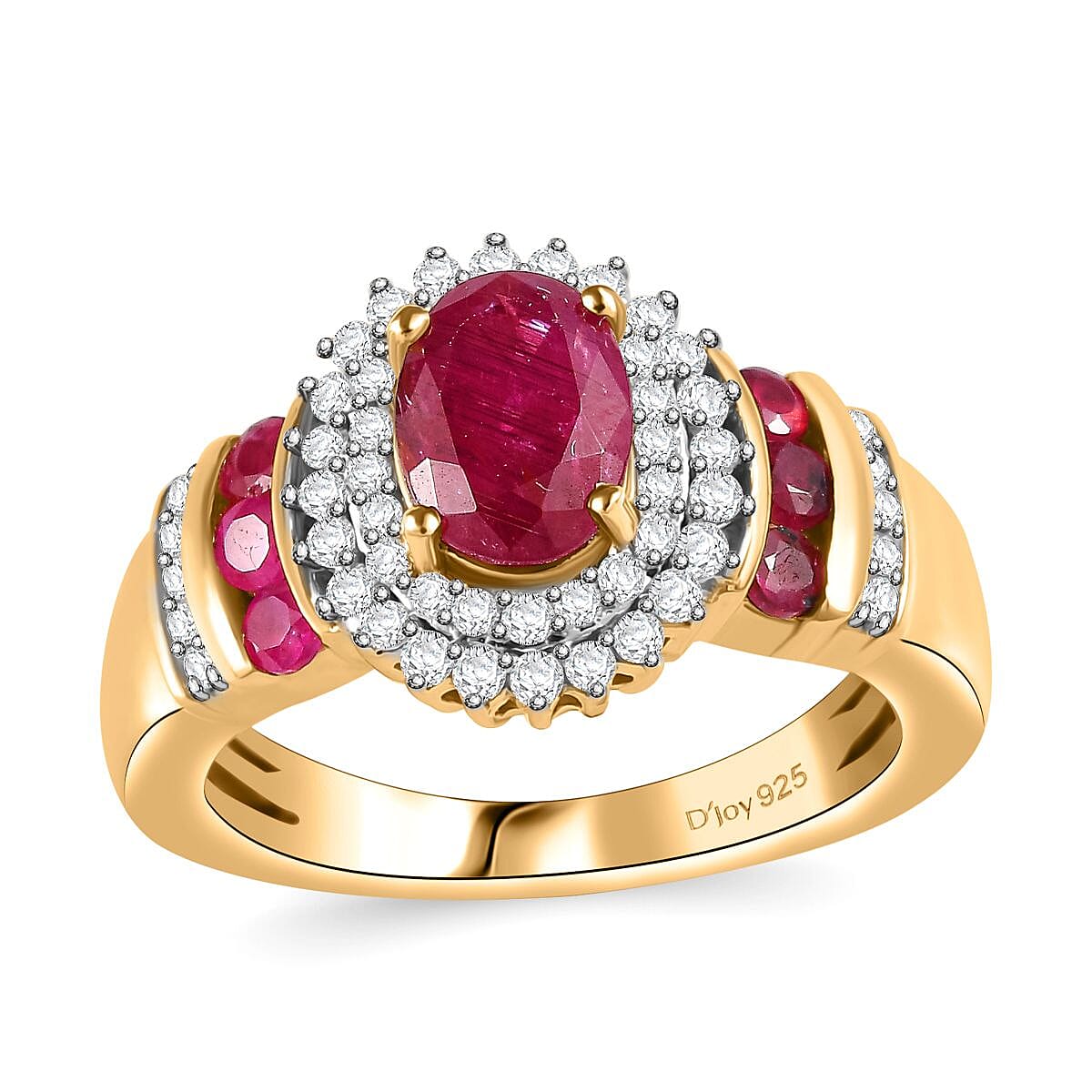 Montepuez Ruby and Moissanite Art Deco Ring in 18K Vermeil Yellow Gold Over Sterling Silver 2.00 ctw