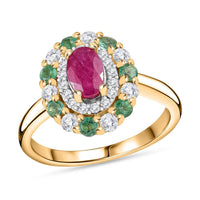 Montepuez Ruby and Multi Gemstone Ring in 18K Vermeil Yellow Gold Over Sterling Silver (Size 10.0) 1.25 ctw