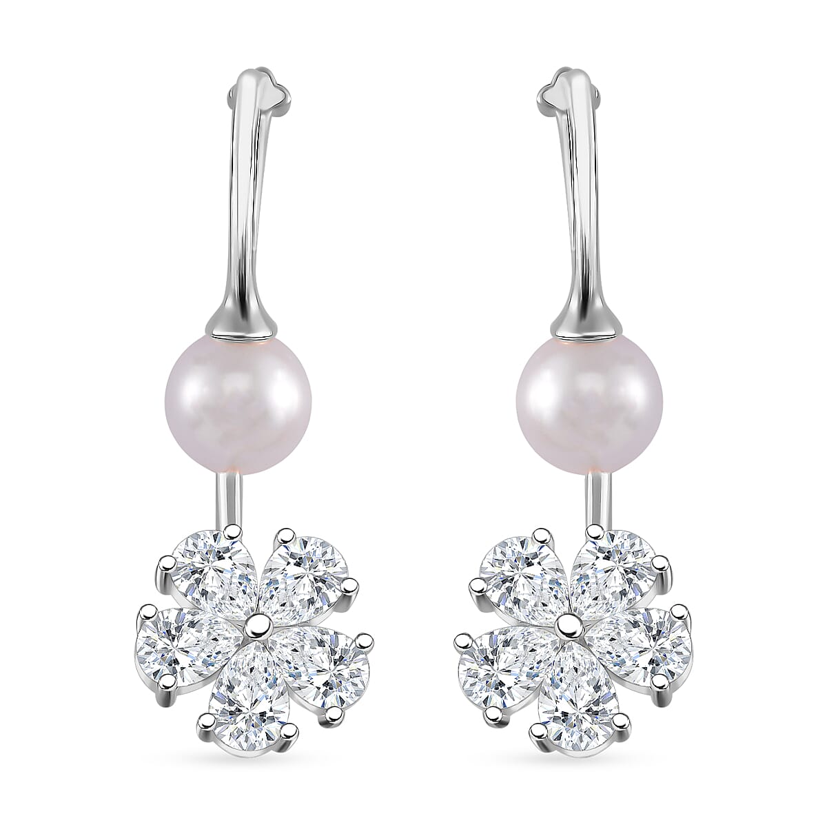 White Shell Pearl and Simulated Diamond Earrings in Silvertone and Stainless Steel
