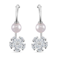 White Shell Pearl and Simulated Diamond Earrings in Silvertone and Stainless Steel