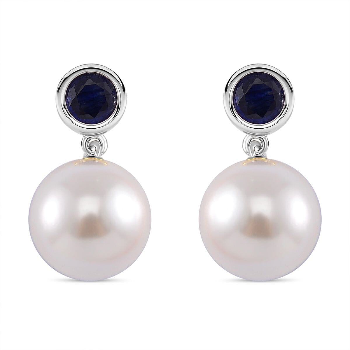 White Shell Pearl and Masoala Sapphire (D) 1.75 ctw Earrings in Platinum Over Sterling Silver