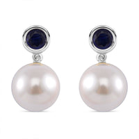 White Shell Pearl and Masoala Sapphire (D) 1.75 ctw Earrings in Platinum Over Sterling Silver