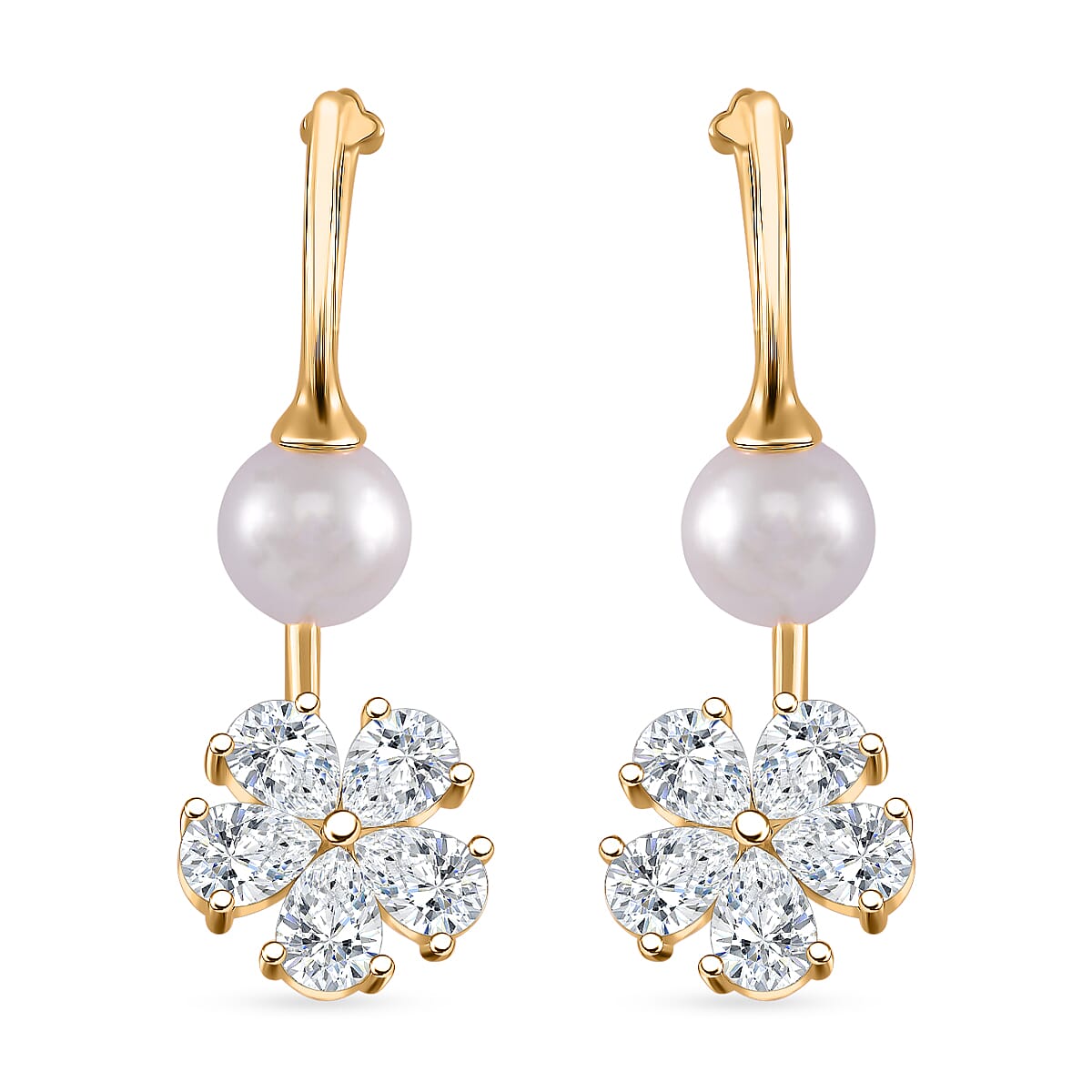 White Shell Pearl and Simulated Diamond Earrings in Silvertone and Stainless Steel