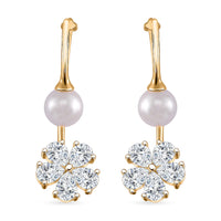 White Shell Pearl and Simulated Diamond Earrings in Silvertone and Stainless Steel
