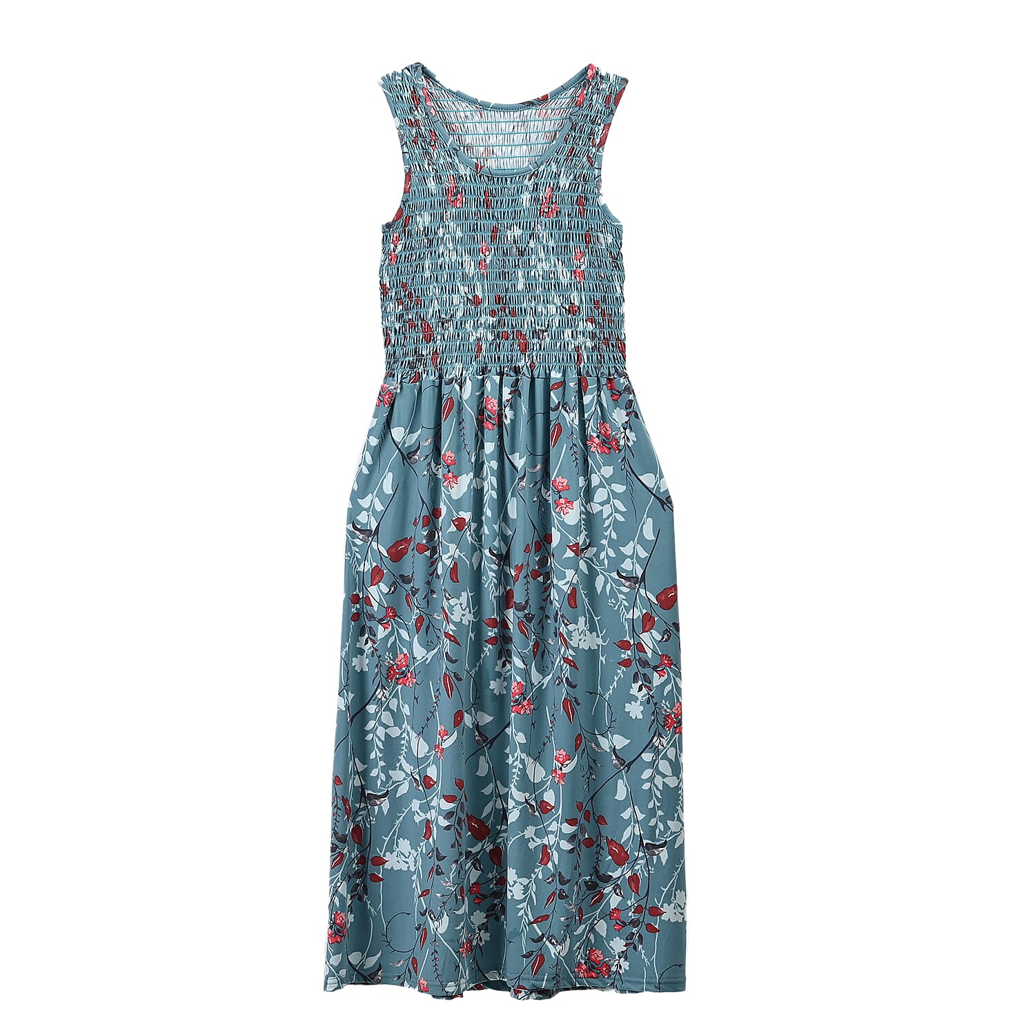 Mint Floral Smocked Sleeveless Double Knit Dress with Waist Tie - One Size Fits Most