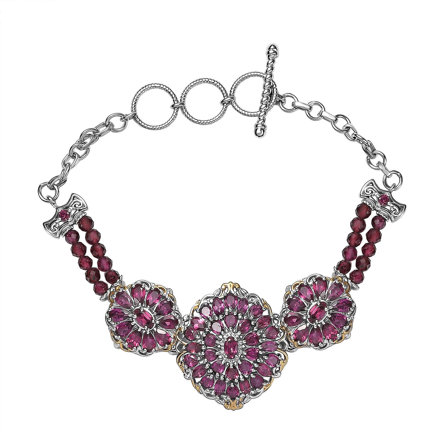 D'Joy Orissa Rhodolite Garnet Mums Flower Bracelet in 18K Vermeil YG and Rhodium Over Sterling Silver (6.50-8.0In) 19.75 ctw