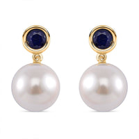 White Shell Pearl and Masoala Sapphire (D) 1.75 ctw Earrings in 14K YG Over Sterling Silver