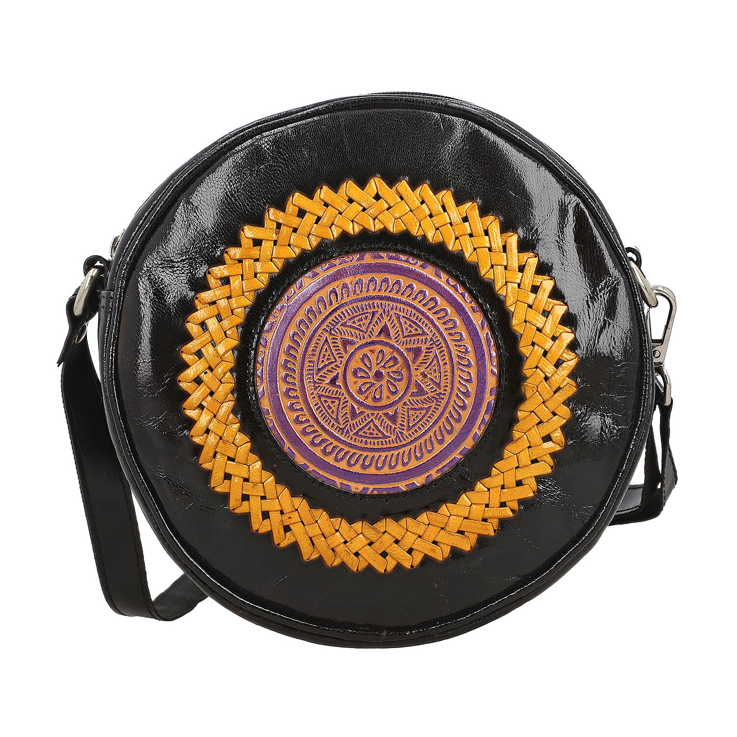 "100% Genuine leather weaving round croosbody bag SIZE: 7(L)x2.4(W)x7(H)Inches  COLOR: Black"