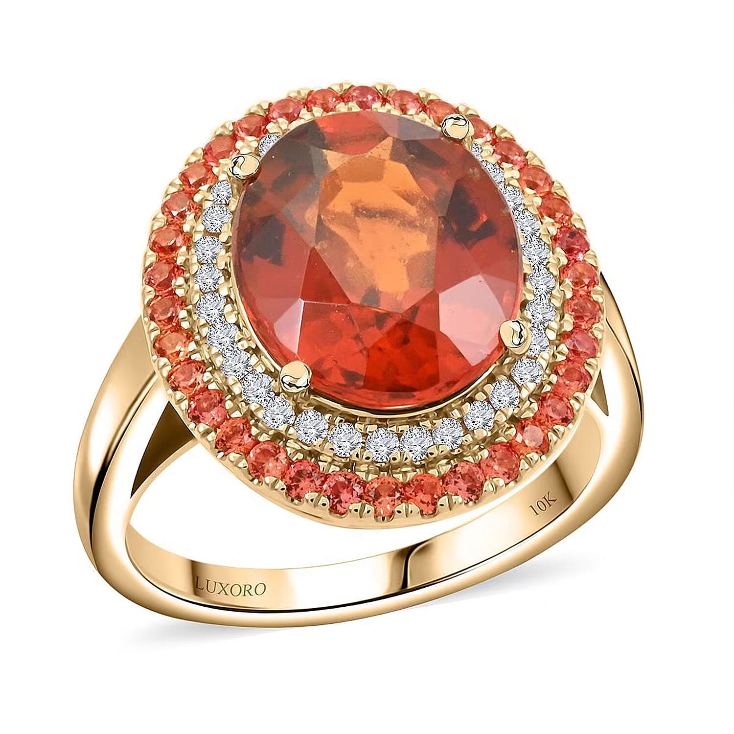 Certified & Appraised Luxoro 10K Yellow Gold AAA Tanzanian Sunlit Garnet, Padparadscha Sapphire, Diamond (I2) (0.19 cts) Ring (Size 10.0) (5.10 g) 6.25 ctw