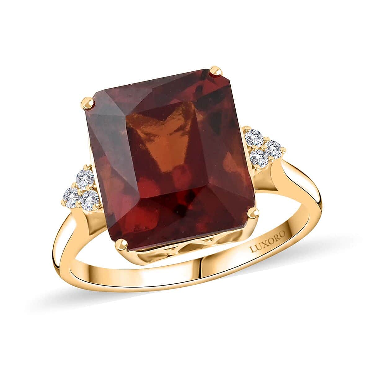 Ankurs Treasure Chest Certified & Appraised Luxoro 10K Yellow Gold AAA Tanzanian Sunlit Garnet, Diamond (I2) (0.15 cts) Ring (Size 10.0) (4.15 g) 12.20 ctw
