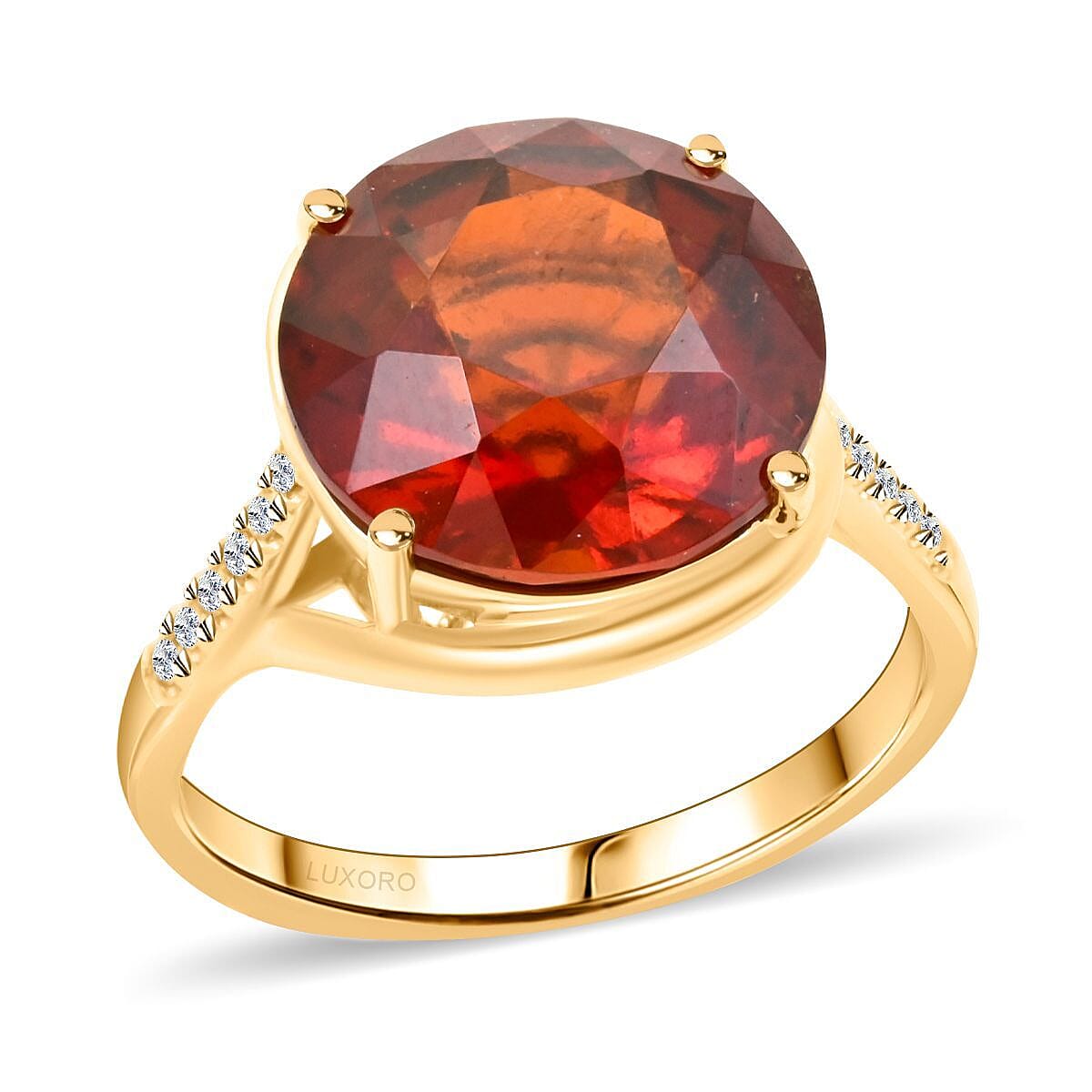 Ankurs Treasure Chest Certified & Appraised Luxoro 10K Yellow Gold AAA Tanzanian Sunlit Garnet and I2 Diamond Ring 4.15 Grams 9.85 ctw