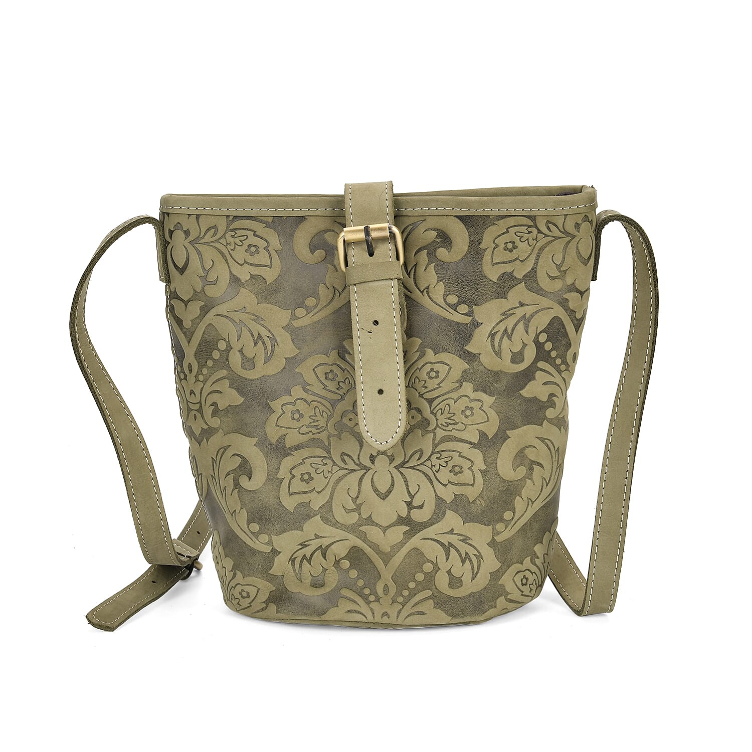 Italy Retro Noble Collection Green Color Floral Embossed Genuine Leather Tote Bag (9.84"x4.92"x9.44") With Handle Drop and Shoulder Strap