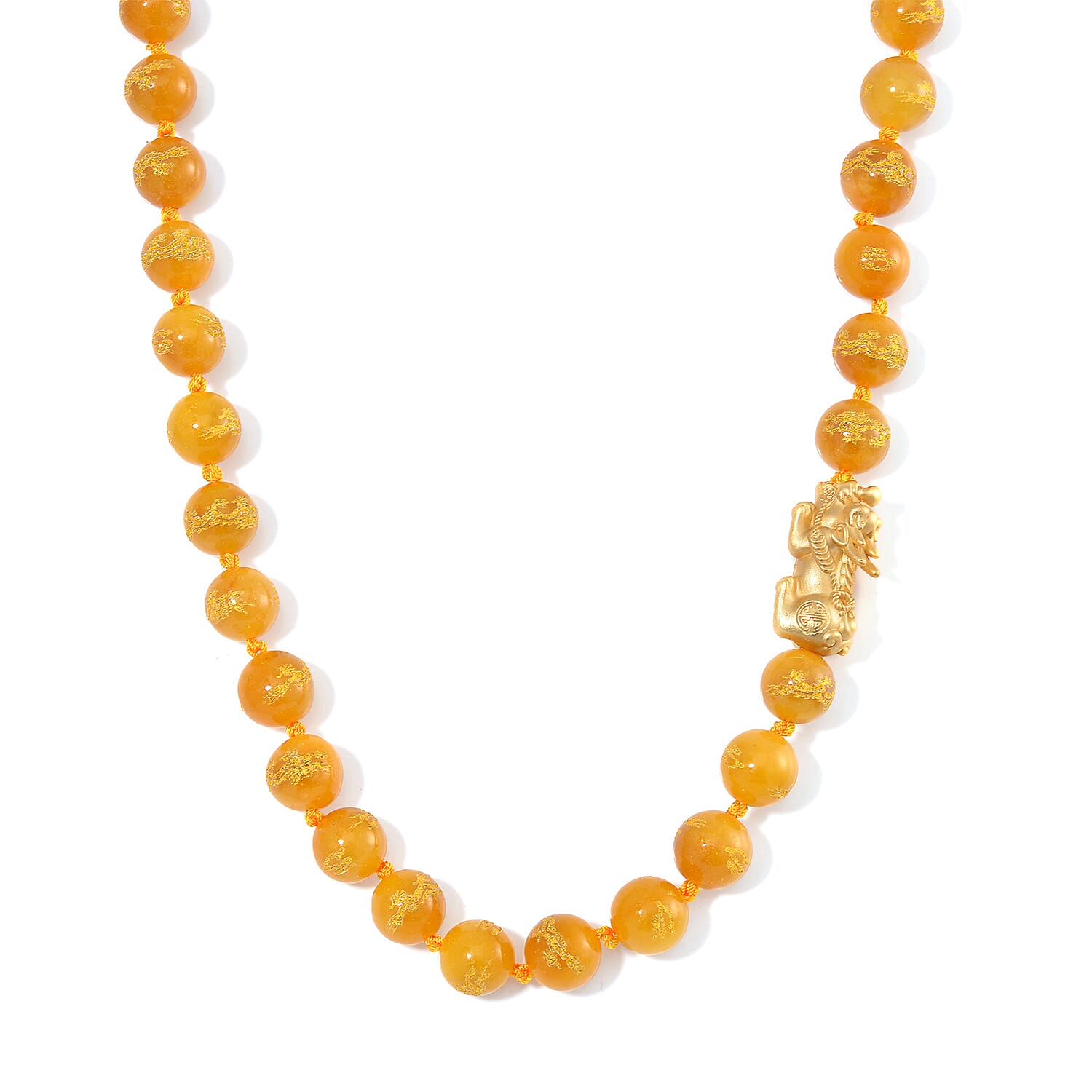 Green Jade (D) Dragon Carved Beaded 620.00 ctw Pixiu Necklace 20 Inches in 14K Yellow Gold Over Sterling Silver