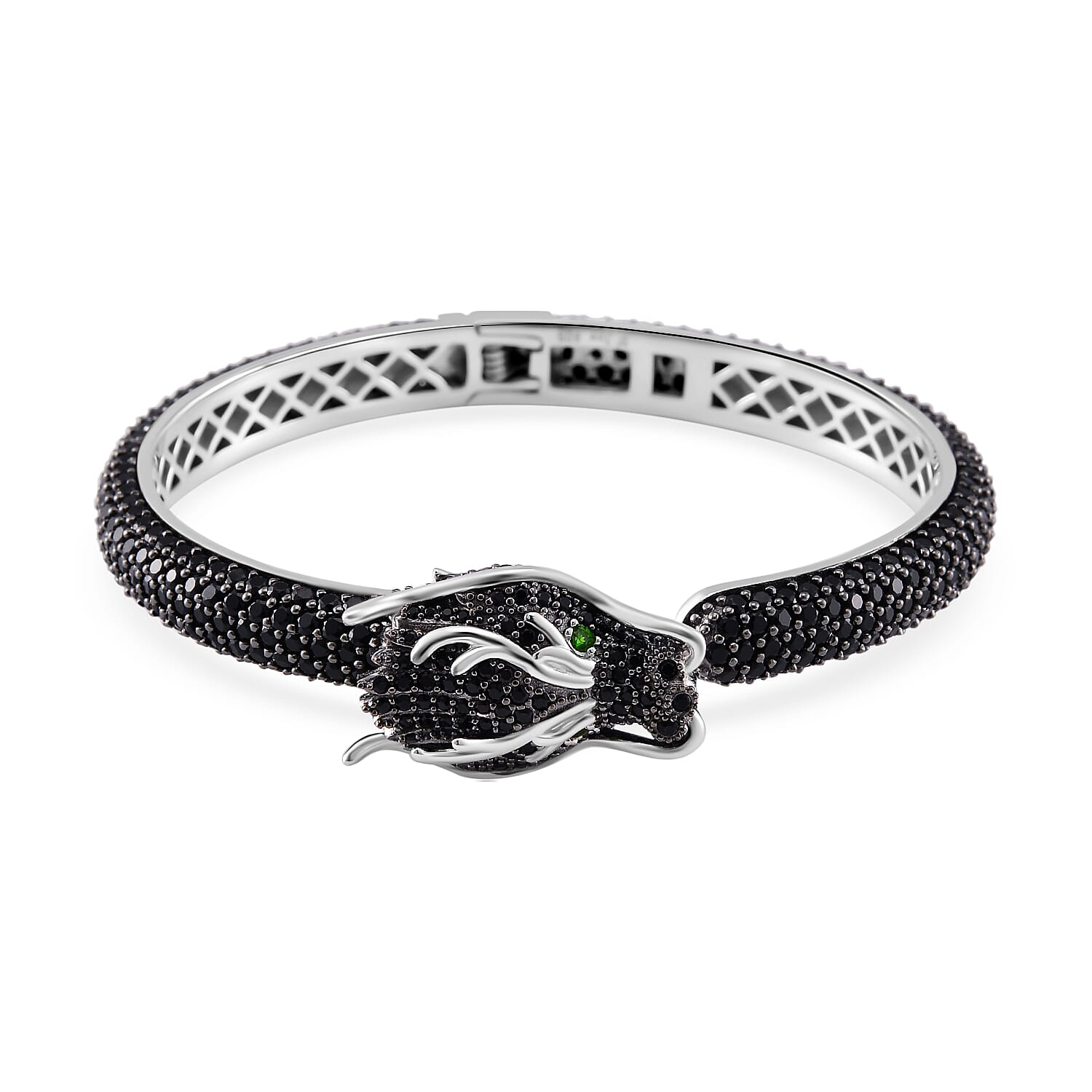 Thai Black Spinel and Chrome Diopside Dragon Cuff Bracelet in Rhodium Over and Sterling Silver (7.25 In) 17.80 ctw