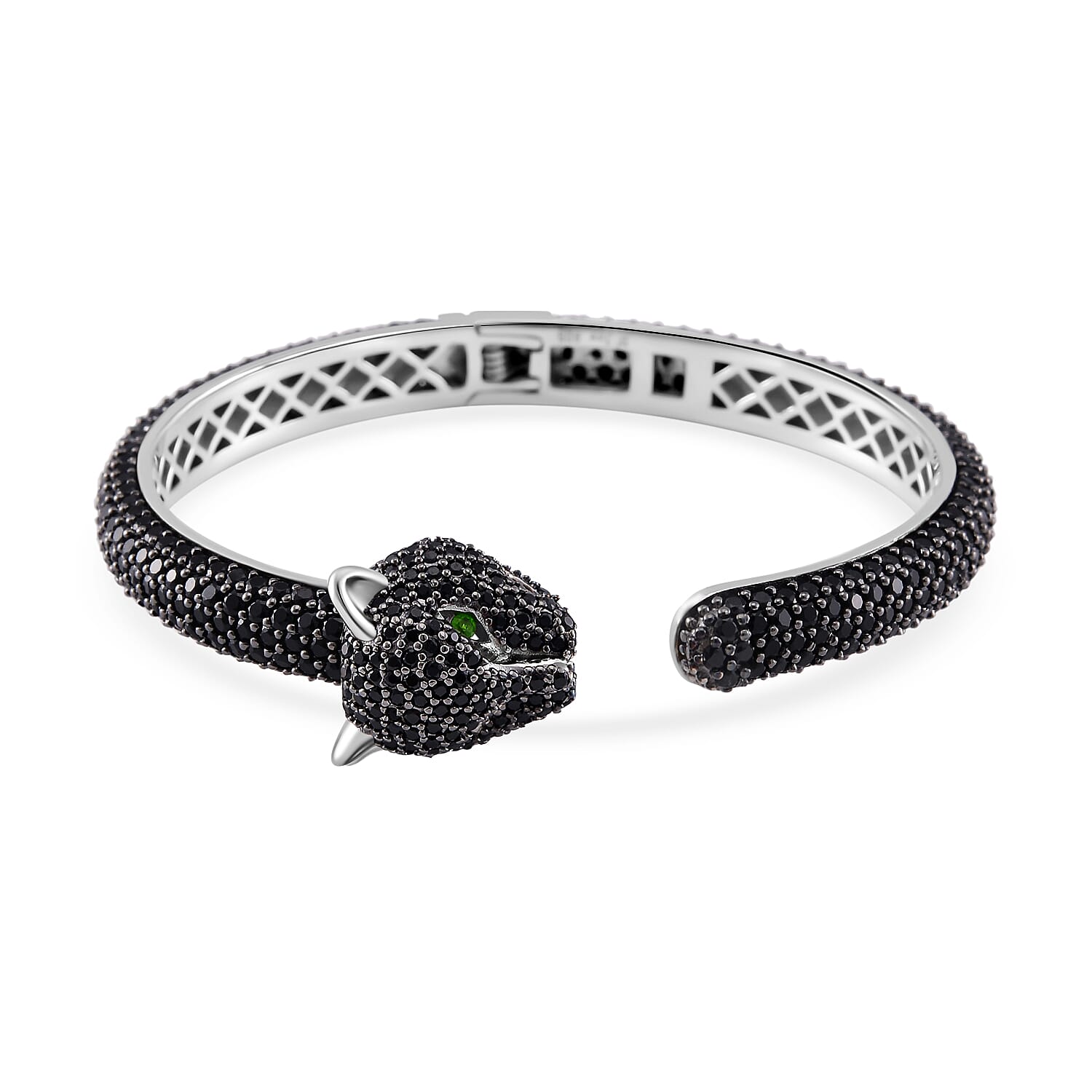 Thai Black Spinel and Chrome Diopside Dragon Cuff Bracelet in Rhodium Over and Sterling Silver (7.25 In) 17.80 ctw