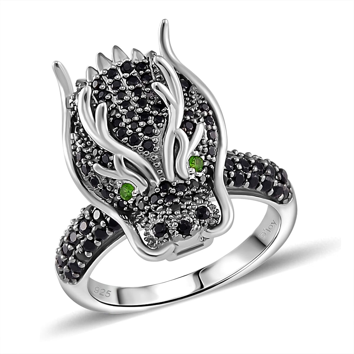 Thai Black Spinel and Chrome Diopside Dragon Head Ring in Rhodium Over and Sterling Silver (Size 10.0) 1.20 ctw