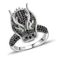 Thai Black Spinel and Chrome Diopside Dragon Head Ring in Rhodium Over and Sterling Silver (Size 10.0) 1.20 ctw