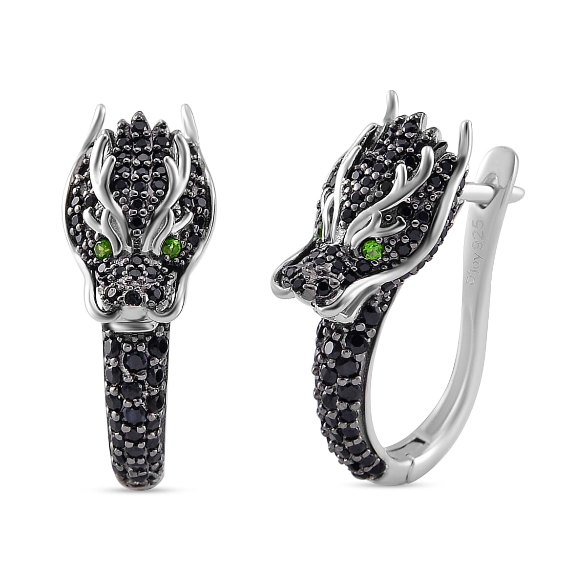 Thai Black Spinel and Chrome Diopside Dragon Fancy Earrings in Sterling Silver 1.30 ctw