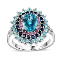 Betroka Blue Apatite, Multi Gemstone Sunburst Ring in Rhodium Over Sterling Silver (Size 10.0) 2.90 ctw