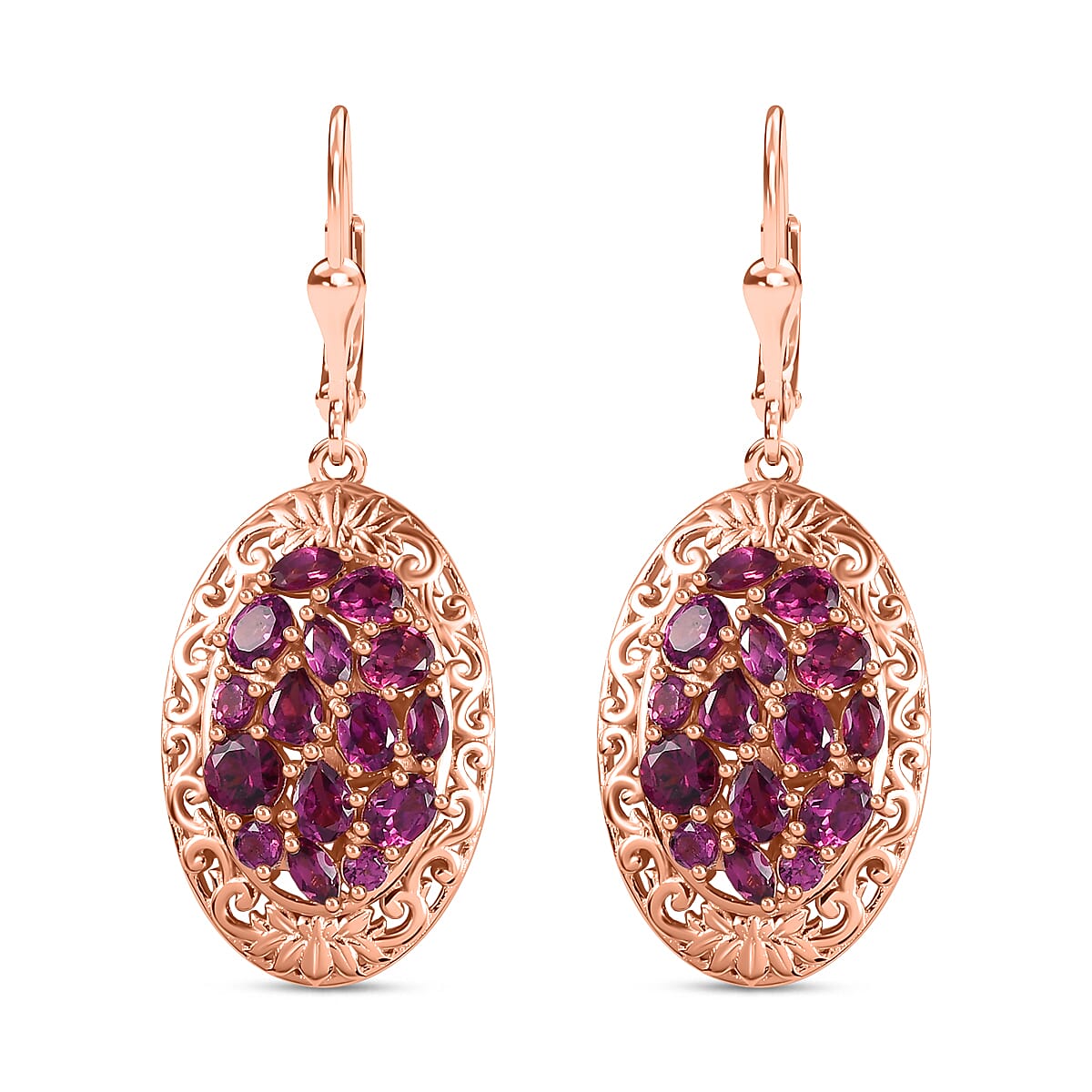 Orissa Rhodolite Garnet Filigree and Lotus Flower Earrings in 18K Vermeil Rose Gold Over Sterling Silver 4.60 ctw