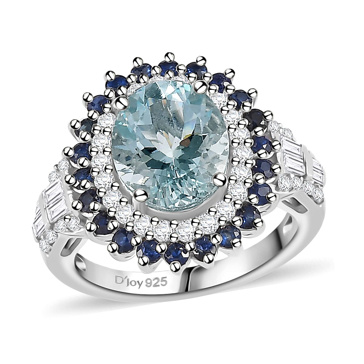Premium Mangoro Aquamarine and Multi Gemstone 3.80 ctw Oceanic Symphony Ring in Rhodium Over Sterling Silver