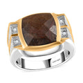 Zawadi Chocolate Sapphire, White Zircon Men's Ring in 18K Vermeil YG and Rhodium Over Sterling Silver (Size 10.0) 8.60 ctw - Sticky add to cart bar