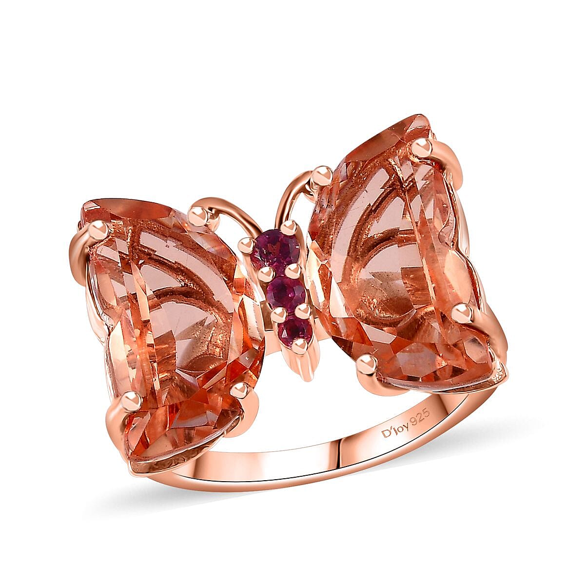 Morganique Quartz and Orissa Rhodolite Garnet Butterfly Ring in 18K Vermeil Rose Gold Over Sterling Silver 8.90 ctw