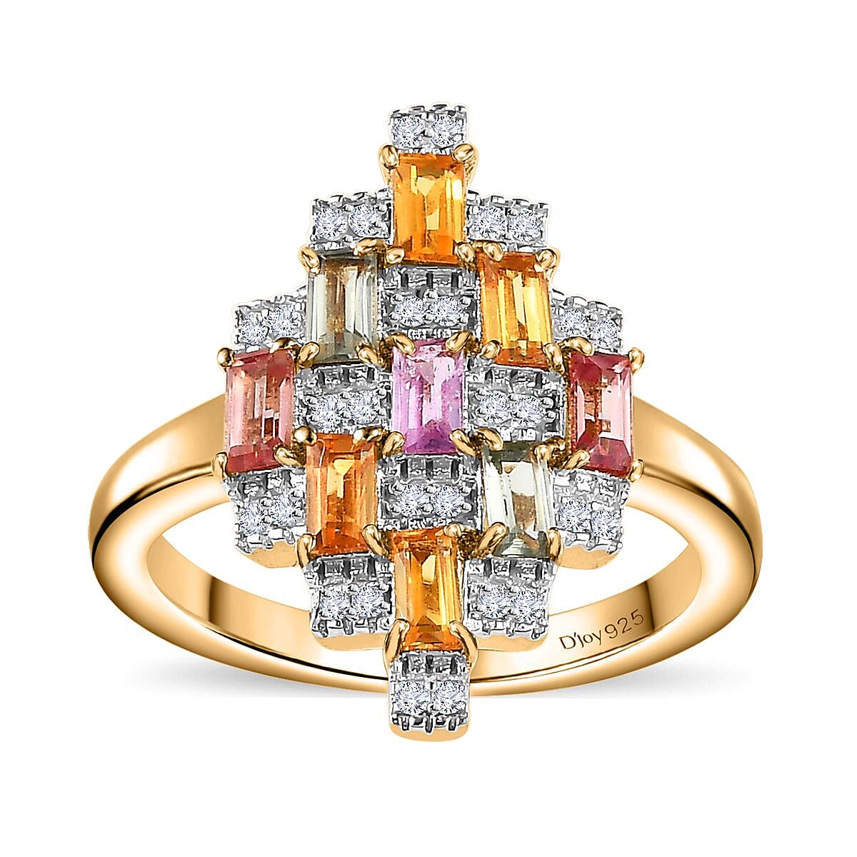 Multi Sapphire, Moissanite Ring in 18K Vermeil YG Over Sterling Silver (Size 10.0) 1.15 ctw