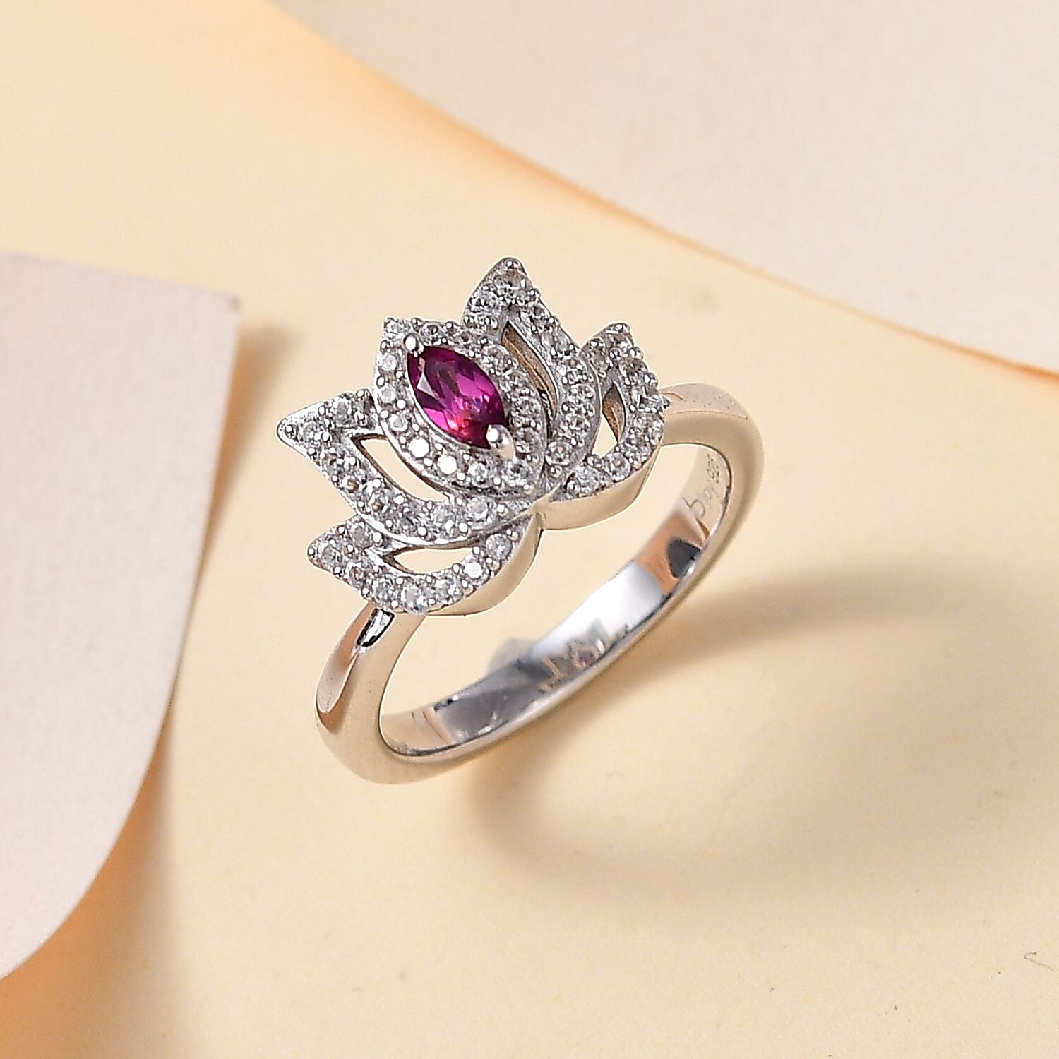 Orissa Rhodolite Garnet, White Zircon Rose Ring in Rhodium Over Sterling Silver (Size 5.0) 0.60 ctw
