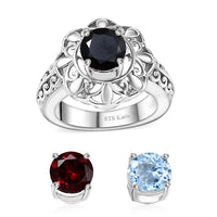 Karis Sky Blue Topaz, Mozambique Garnet, Thai Black Spinel Interchangable Solitaire Ring in Platinum Bond (Size 6.0) 4.50 ctw