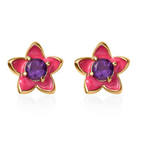 African Amethyst 0.50 ctw Enameled Floral Earrings in 18K Vermeil Yellow Gold Over Sterling Silver