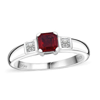 Sanguine Sapphire and Moissanite Trilogy Ring in Rhodium Over Sterling Silver (Size 10.0) 1.00 ctw