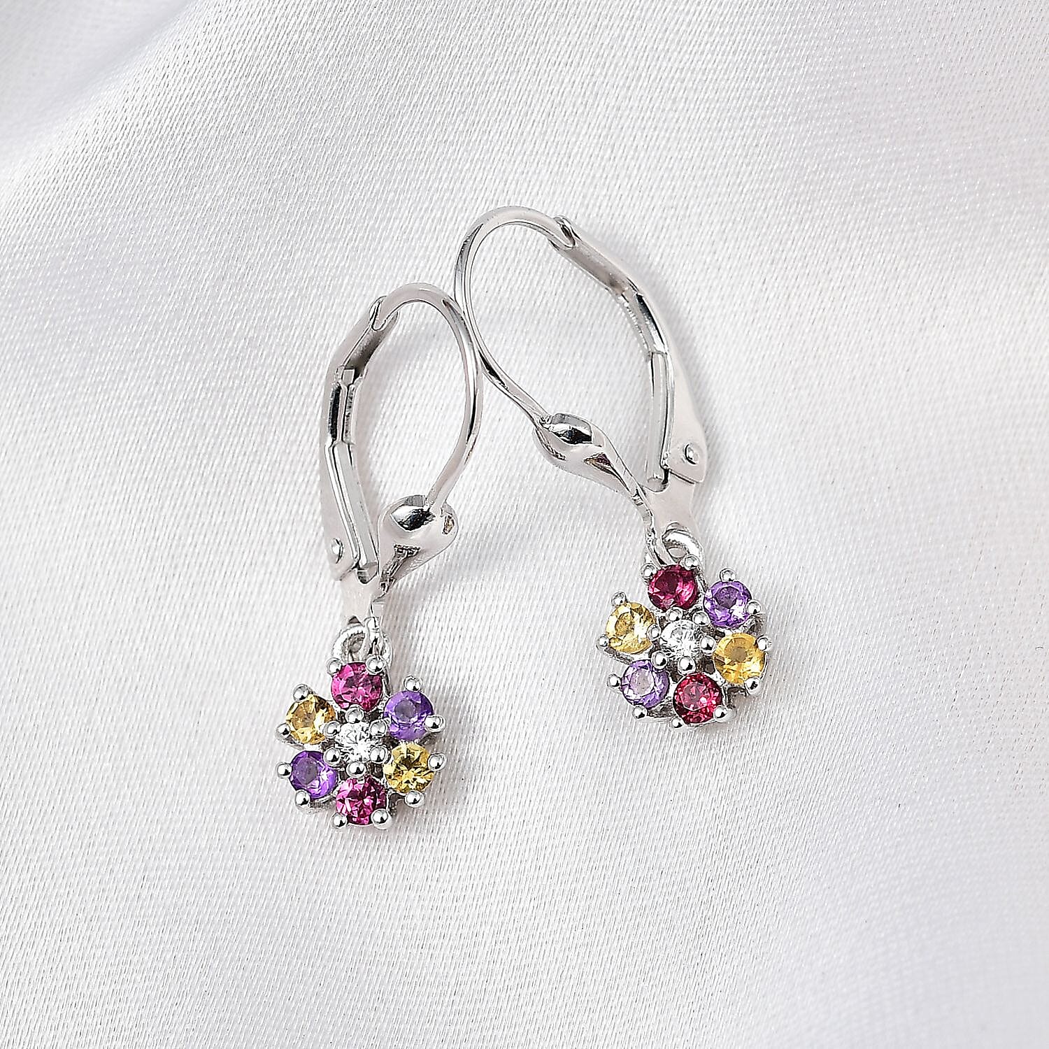 Multi Gemstone Floral Earrings in Rhodium Over Sterling Silver 0.50 ctw