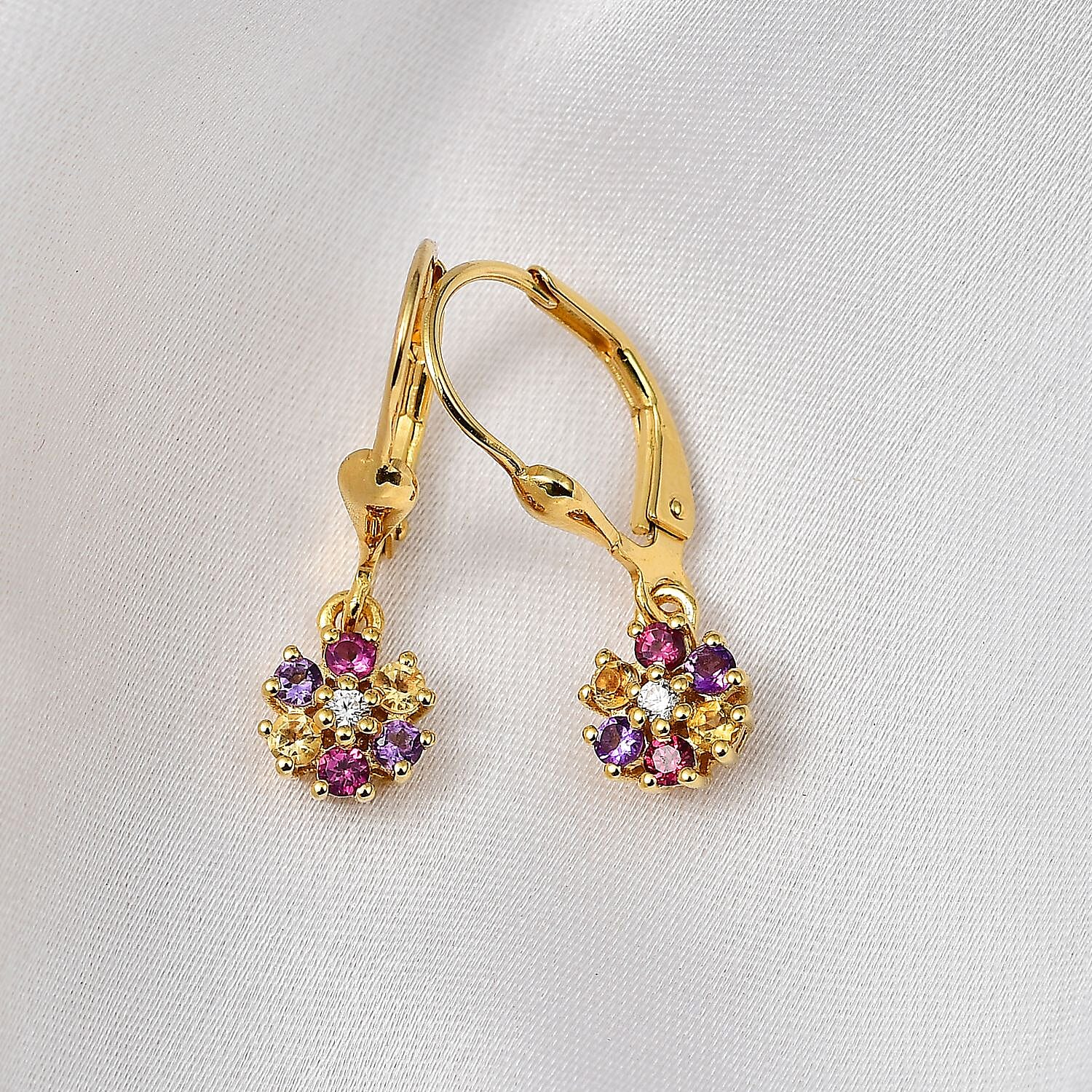 Multi Gemstone Floral Earrings in Rhodium Over Sterling Silver 0.50 ctw