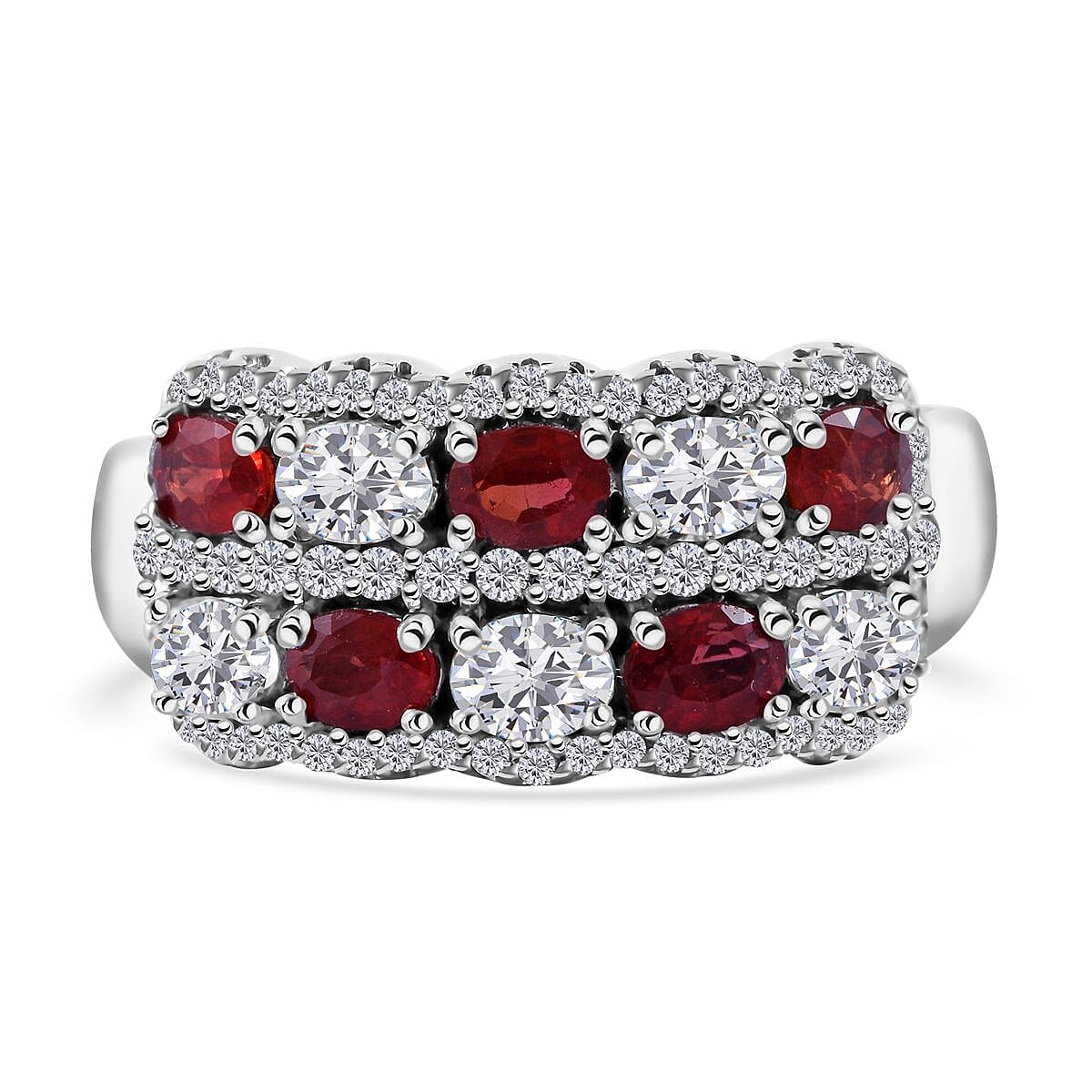Sanguine Sapphire, Moissanite Art Deco Ring in Rhodium Over Sterling Silver (Size 10.0) 2.75 ctw