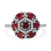 Sanguine Sapphire, White Zircon Floral Ring in Rhodium Over Sterling Silver (Size 10.0) 2.00 ctw