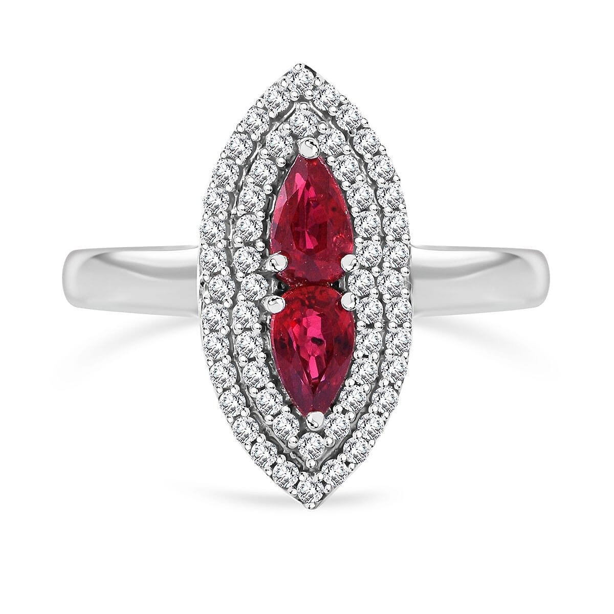 Sanguine Sapphire and White Zircon Ring in Rhodium Over Sterling Silver 1.00 ctw